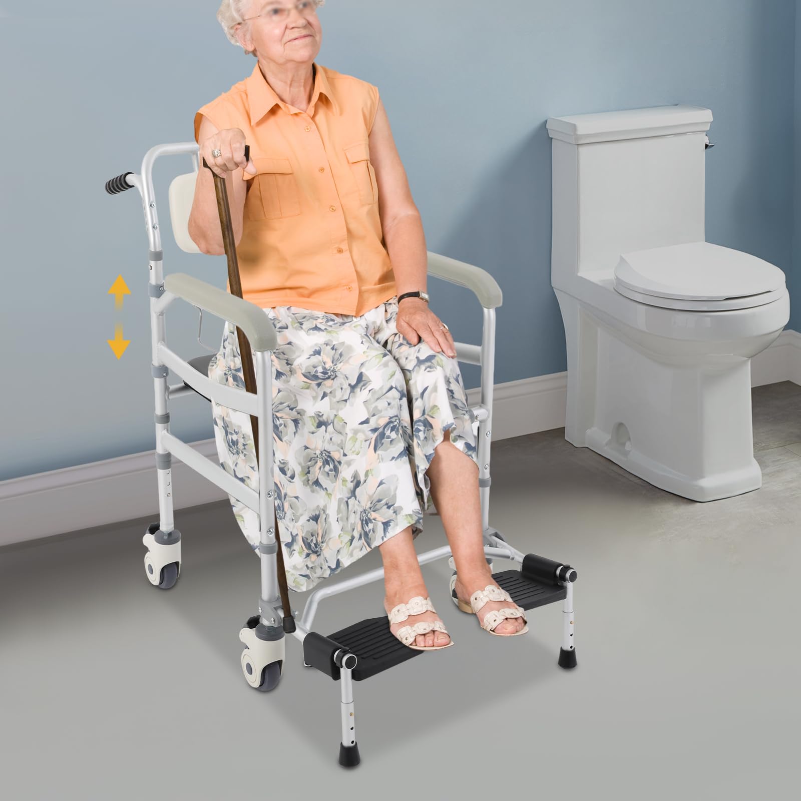 Silla de inodoro con ruedas y cubo, silla de ducha 3 en 1 y silla de aseo regulable en altura, silla de ruedas móvil para personas mayores y discapacitados, asas antideslizantes y 4 frenos, 172 kg
