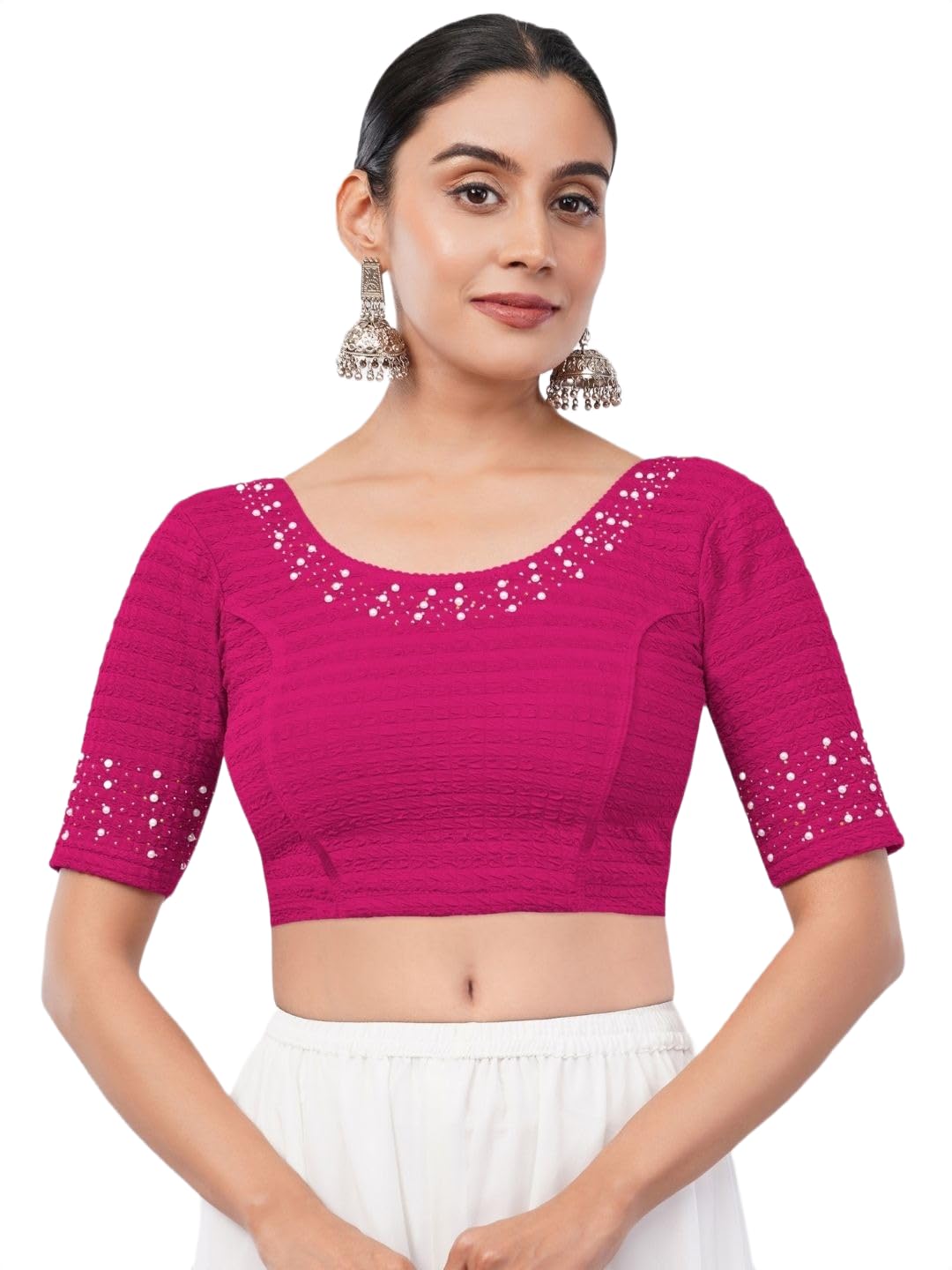 Women's Regular Fit Readymade Stretchy Elbow Length Embroidered Saree Blouse-picture-24