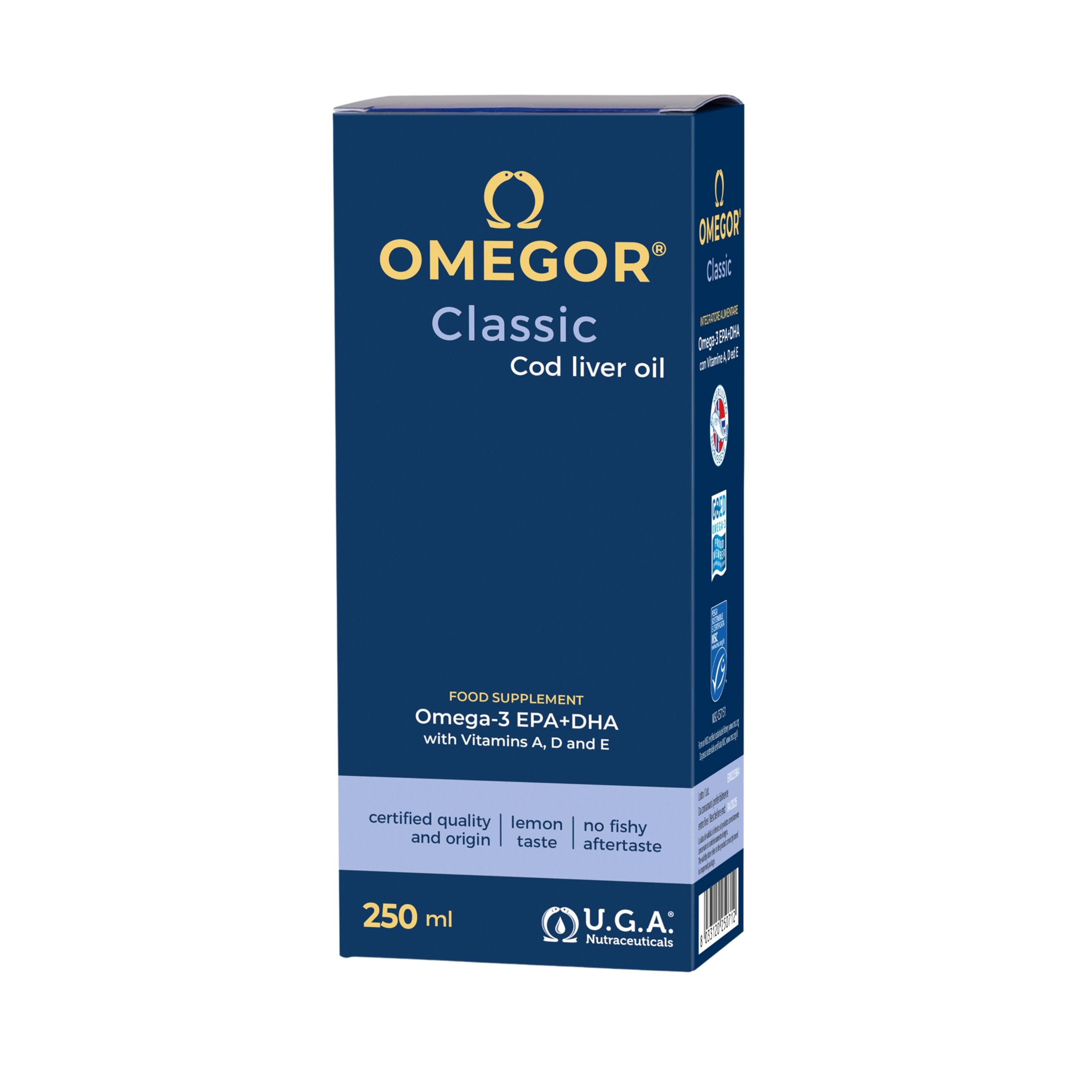 Olio di Fegato di Merluzzo Liquido OMEGOR Classic 250ml - Senza Retrogusto di Pesce - Omega 3 Liquido 1000mg con Vitamine A, D, E - 540mg DHA 360mg EPA