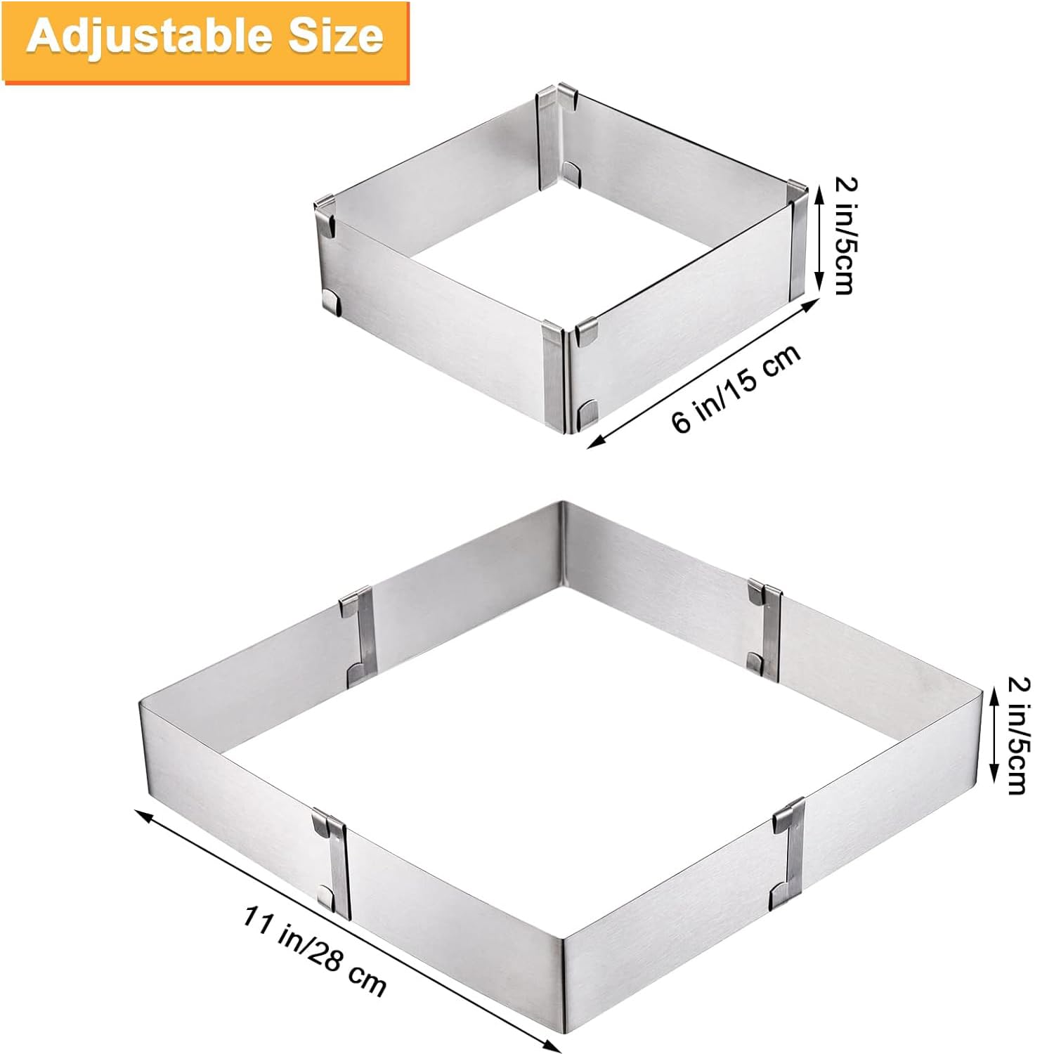 Bakframe, rechthoekig, verstelbaar, taartring, vierkant, verstelbaar, bakframe, taartframe, hoog 8 cm, 15-28 cm, rechthoekige taartring, voor het bakken, decoreren, bakplaat, omranding