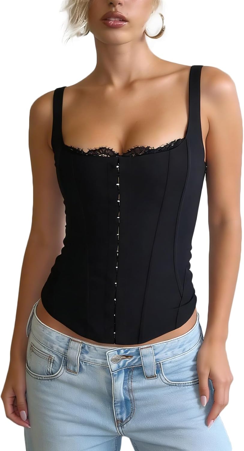 Women Lace Trim Bustier Corset Tops Strap Tank Top Going Out Party Club Top with Buckle