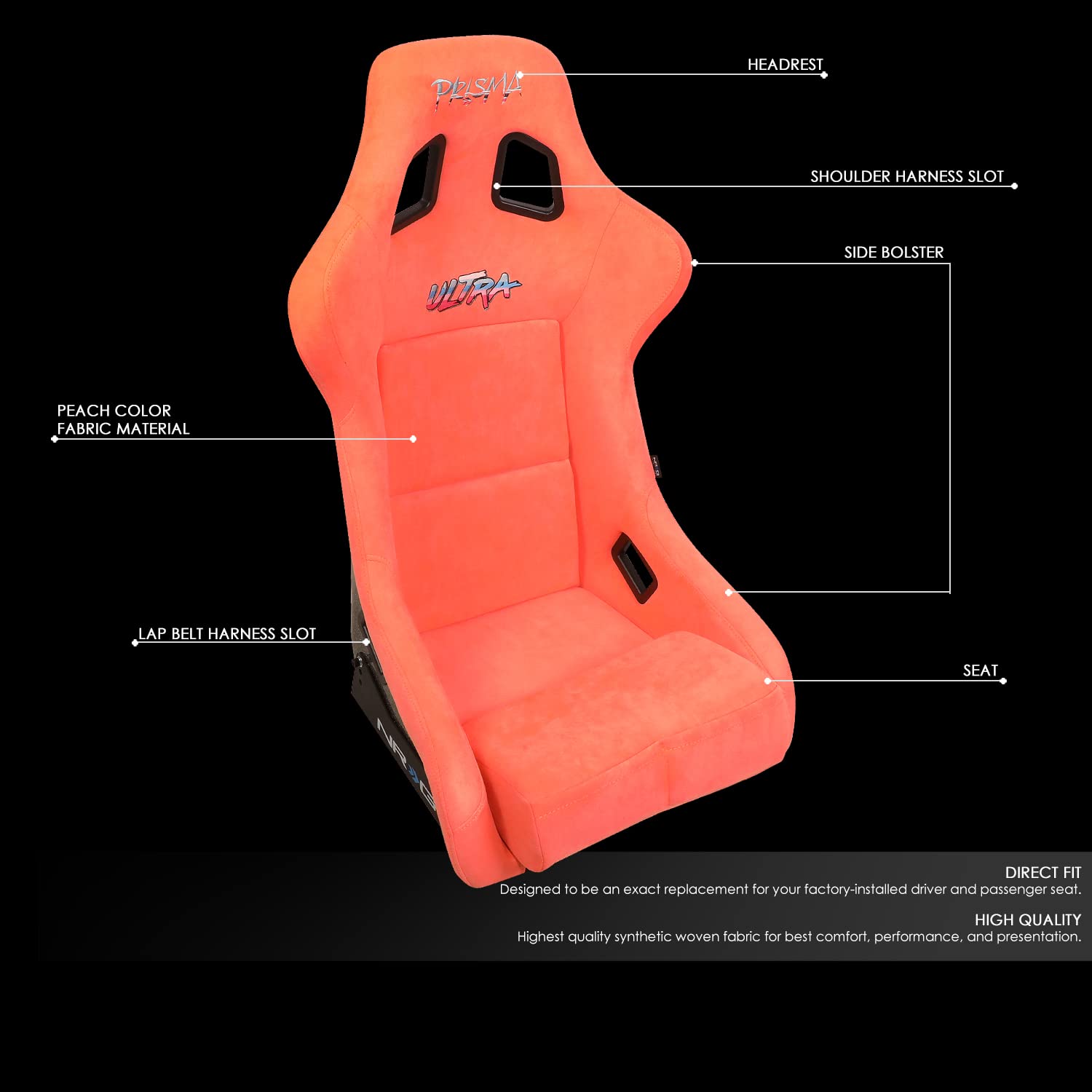 NRG Innovations NRG-FRP-302PH-ULTRA Prisma Asiento de carreras con respaldo fijo con soporte de montaje inferior, asiento de color melocotón/respaldo de copos dorados