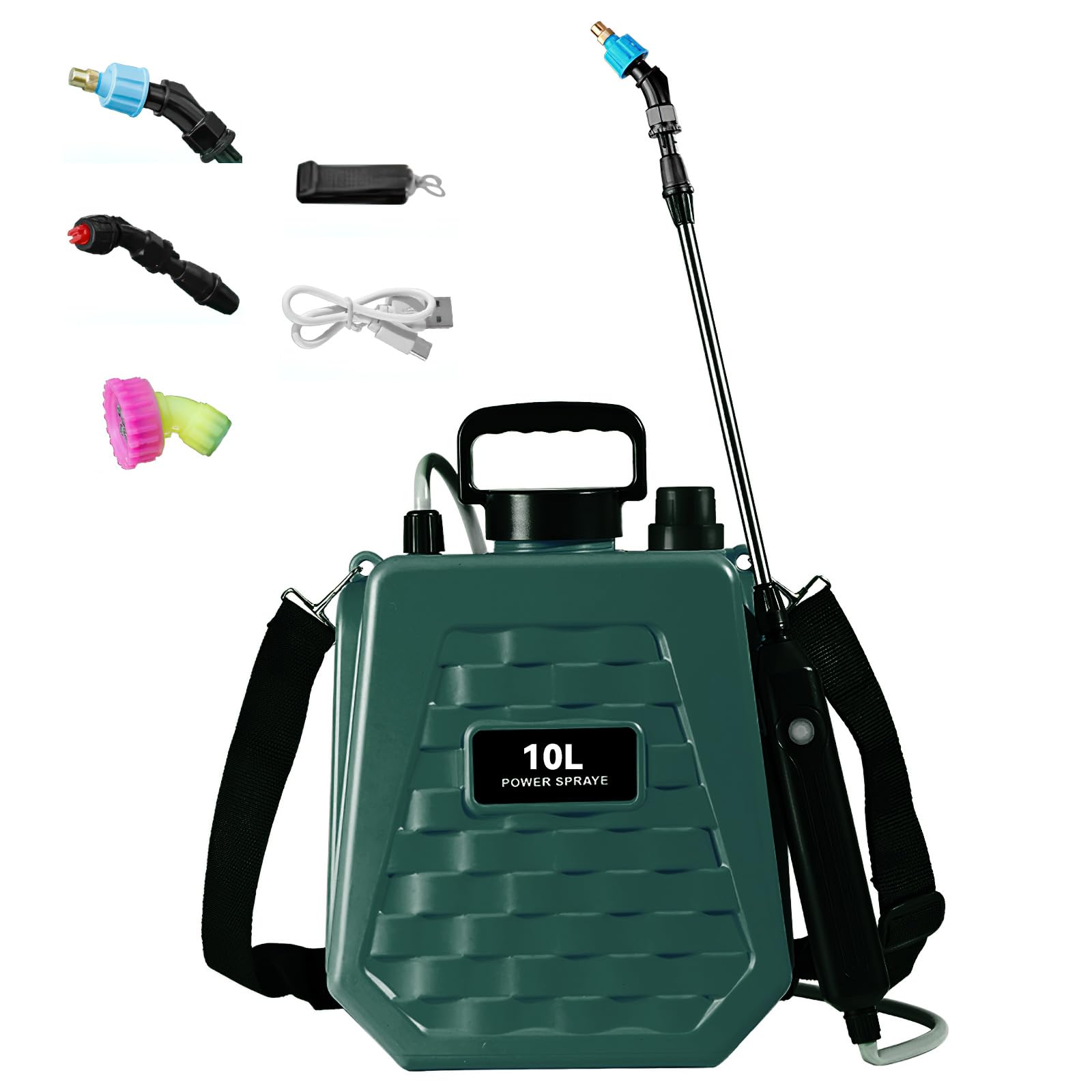 Spruzzatore elettrico da 5 litri alimentato a batteria, manico ricaricabile USB, tracolla per esterni, 3 ugelli nebulizzatori, spruzzatore portatile da giardino con bacchetta retrattile (10 L, verde)