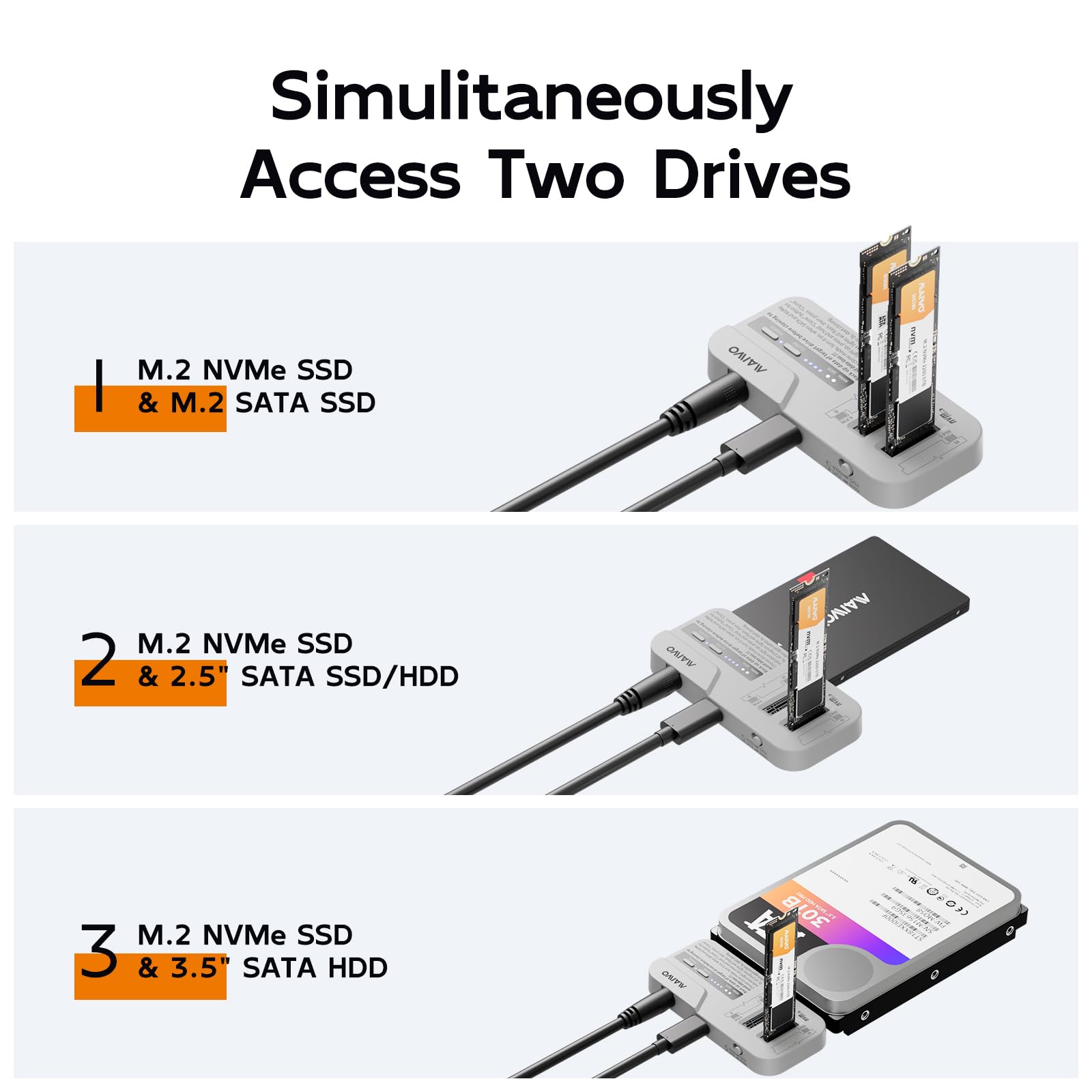 MAIWO M.2 NVMe/SATA e 2.5/3.5" SATA SSD/HDD Docking Station, Cloner per disco rigido per SSD/HDD da 2,5/3,5", adattatore M.2 SSD a USB A C Reader per chiave M Key B + M, USB3.2 Gen2x1 fino a 10 Gbps