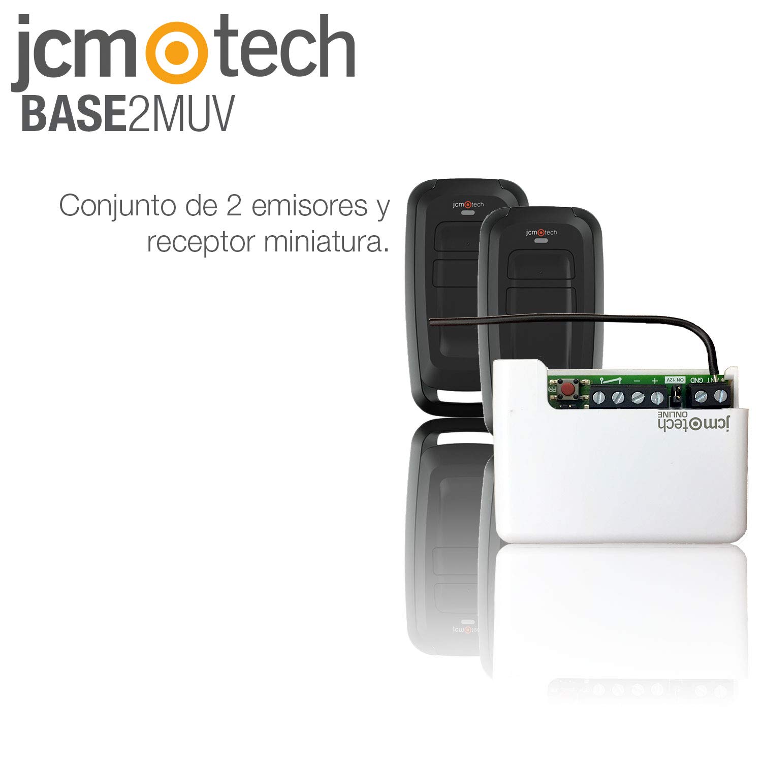 JCM Tech - Conjunto 2 emisores y Receptor Mini BASE 2 MUV - Control de acceso autónomo - Control de acceso para puertas - Código variable con alta seguridad - Kit de Cerradura Inteligente