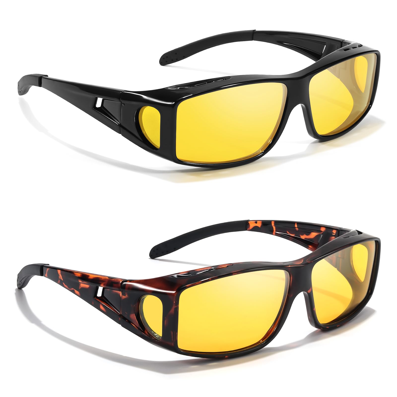 LVIOE 2 Stück Nachtsichtbrille Polarisierte Fit-Over-Brille für Männer und Frauen, TAC gelbe Linse mit blendfreiem Scheinwerfer, Nachtfahrbrille