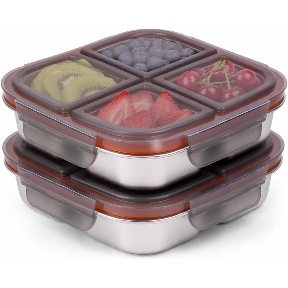 Aundhegrtt Stainless Steel Snack Containers(2 Pack) with Airtight Lids- 4 Compartment Food Storage Containers Included