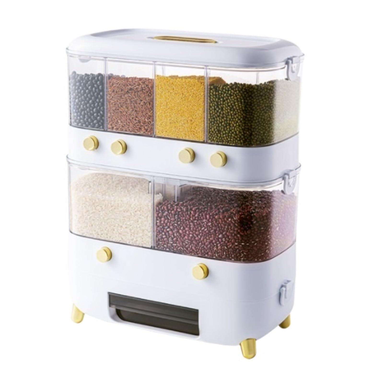 CVdrtyED Dry Food Cereal Dispenser Double Grain Dispenser Transparent Rice Bin With Individual Compartments For Storing Red Green Beans Pantry Rice Container(White)