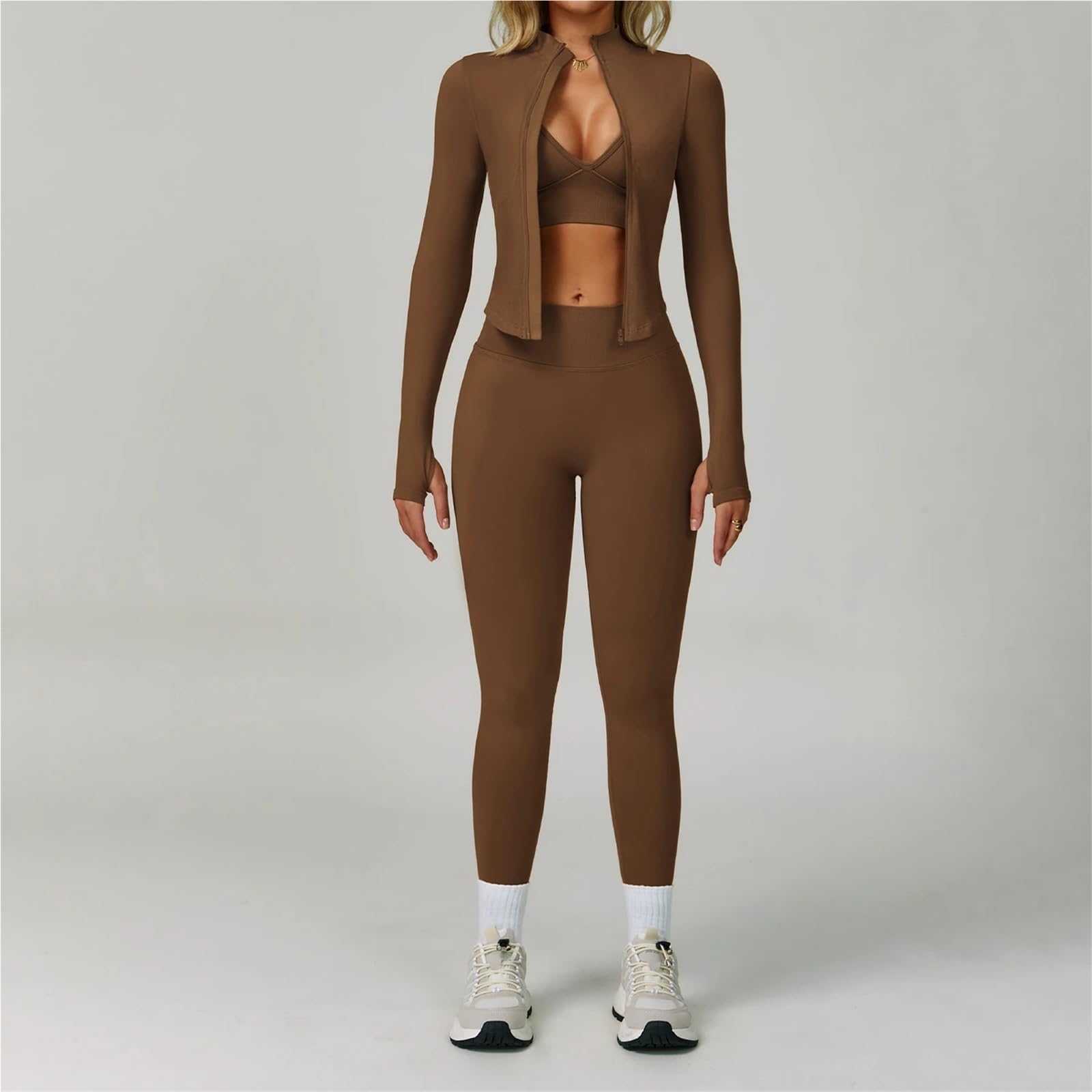 Donna Set di Abbigliamento Yoga Set da yoga senza cuciture for abbigliamento sportivo 2/3 pezzi, palestra a maniche lunghe donna, completo di sport fitness(Deep coffee set-2,L)