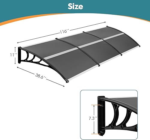 Miniatura 7 de MCombo Toldo para ventana de 38 x 116 pulgadas, para exteriores, toldo de policarbonato para puerta, para patio, 6055-4012 (tablero gris + soporte