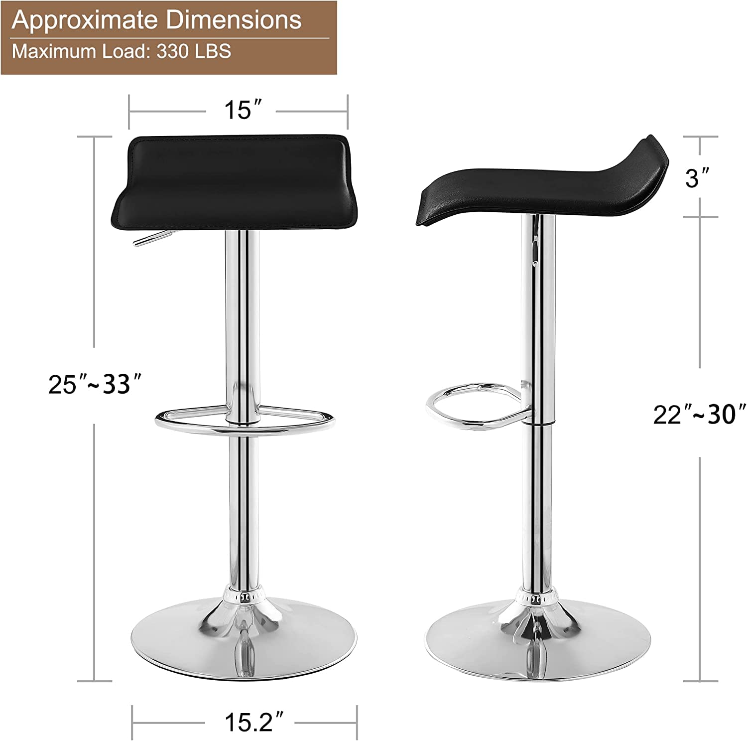 VECELO Bar Stools Set of 2 Swivel Bar Chairs, Adjustable Counter Bar Stools, Modern Armless PVC Stools for Kitchen/Island/Bar/Dining Room/Party, Black