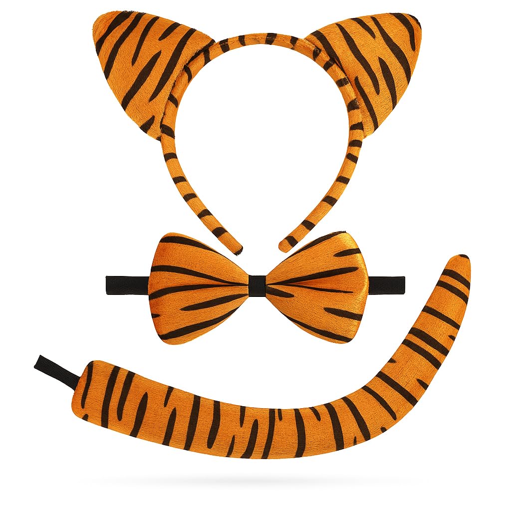 Lizzy Tiger Ears Headband & Tail Set – Soft Plush Animal Costume Accessories for Kids & Adults | World Book Day, Fancy Dress, Cosplay, Role Play, Halloween, Jungle Party & Birthday Favors (Tiger Set)