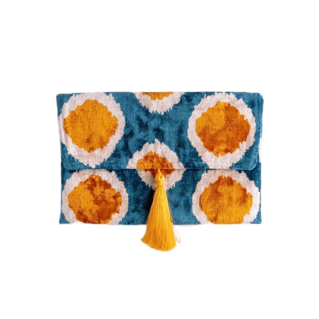 Pochette Ikat in velluto di seta fatta a mano, stile busta, design bohémien, motivo etnico, opzione cinturino a catena, pochette per feste serali, borsa premium, bianco sporco, turchese, oro