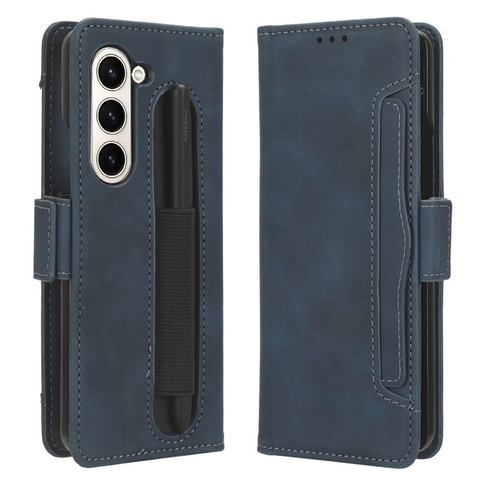 Protection Galaxy Z Fold 5 en cuir bleu au design portefeuille chic et finitions soignées