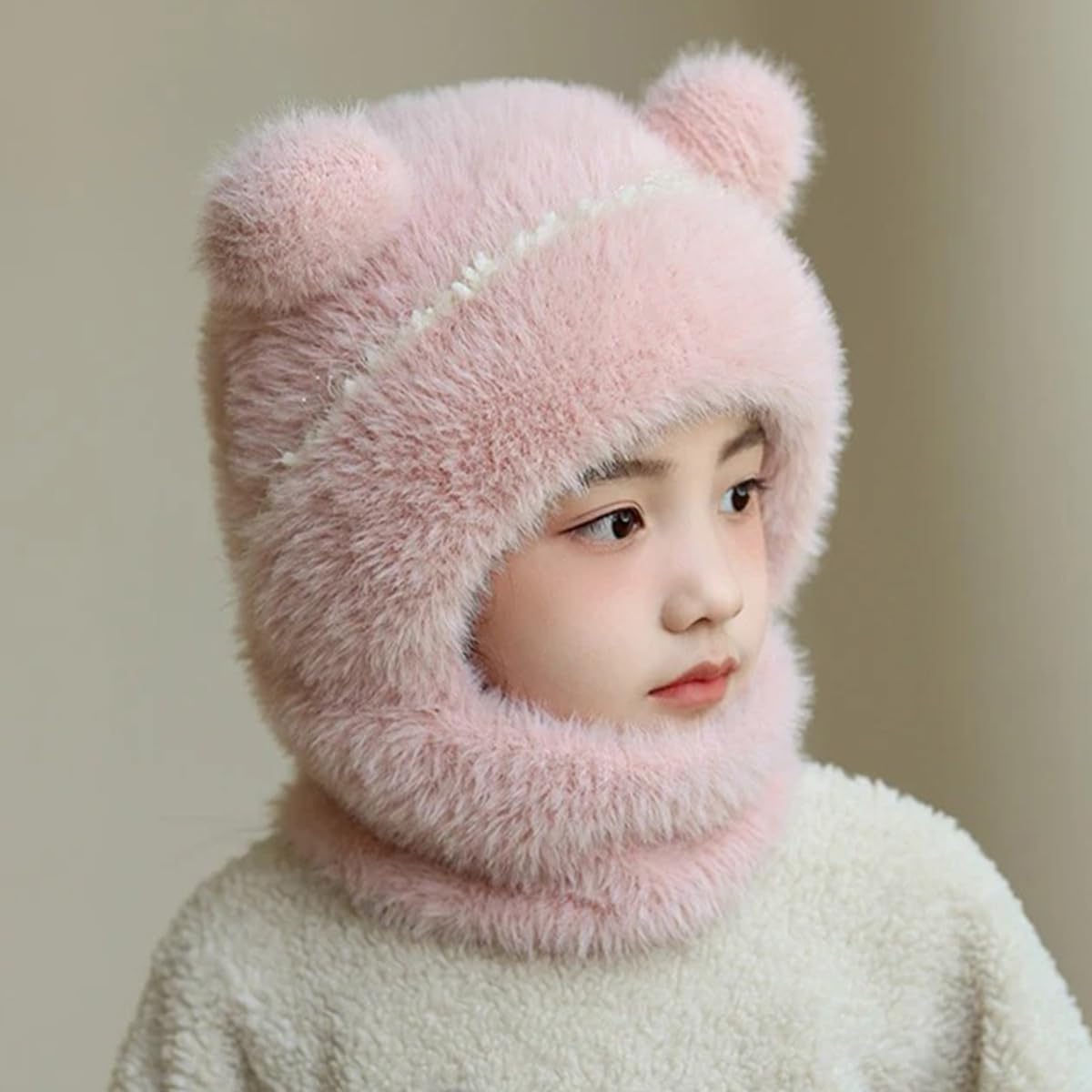 Queenbox Baby Balaclava Plush Hooded Hat, Mask Fuzzy Scarf Bear Ear Beanie Cap for Girl Boy, Pink