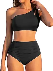 Biquíni feminino de cintura alta - maiô de um ombro só, controle de barriga, maiô de duas peças 2025