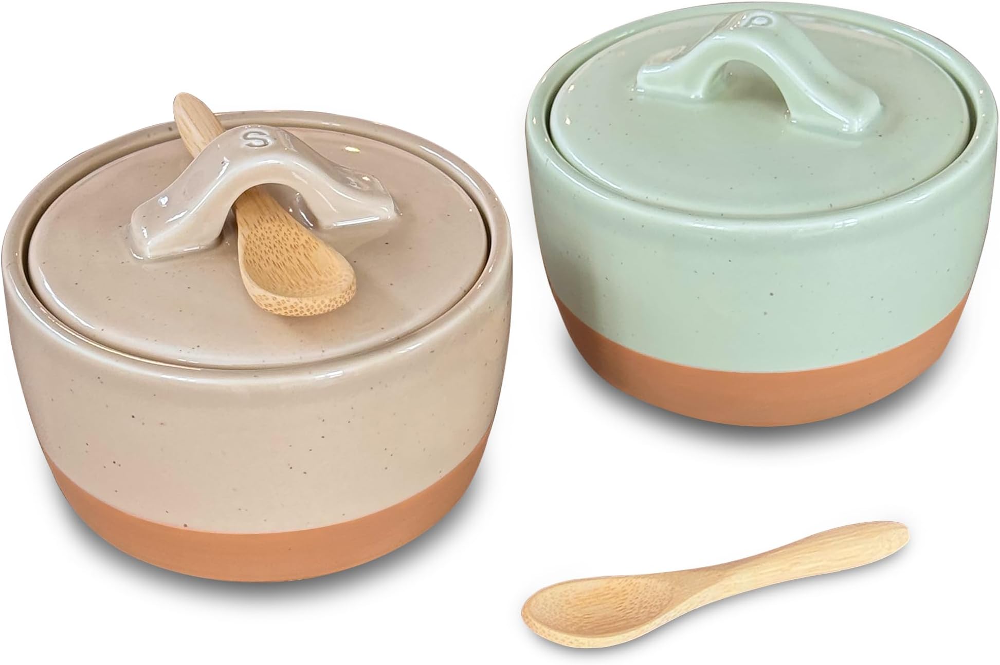 Mora Ceramic Salt and Pepper Cellar Set with Lid - 10 oz Modern Canister/Container/Bowl for Storage, Sea Salt, Spice, Sugar, Countertop - Small Dish/Jar with Wood Spoon, Matcha & Chai Crock
