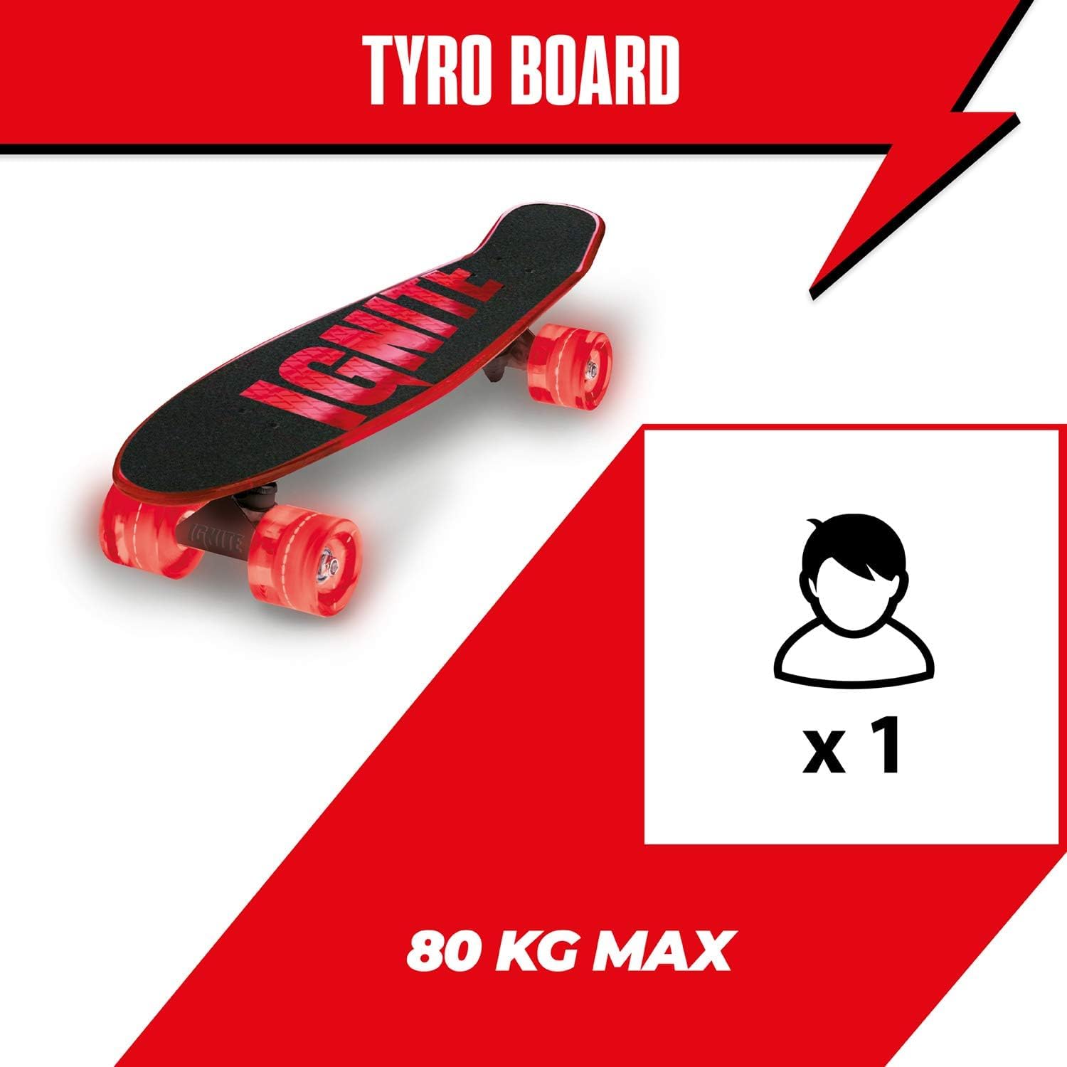 Mondo Toys - Ignite Tyro Red - Skateboard ruote poliuretano luminose - pedana misura 55 x 15, Colore Rosso, 25543
