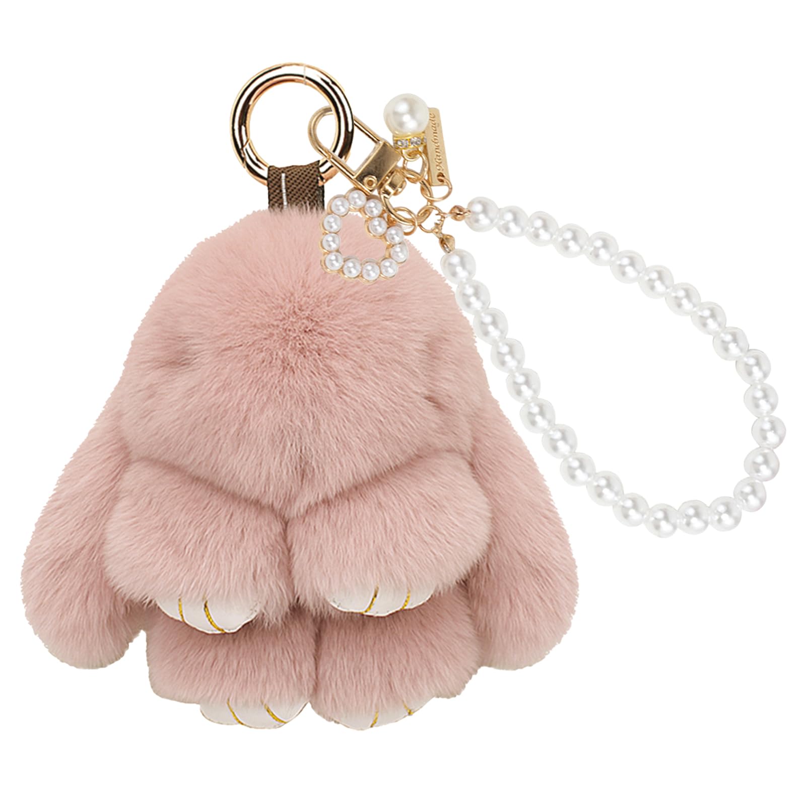 Plush Bunny Keychain with Pearl Chain 4.5" Bunny Golden Chain Backpack Pendant Accessories Charm Gifts for Women