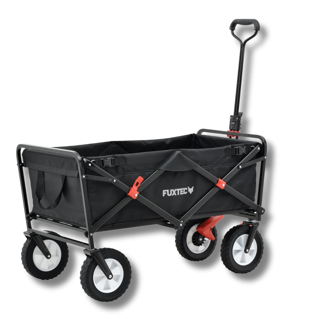 FUXTEC Bollerwagen FX-CT100 schwarz, Faltbarer Transportwagen, bis 75kg belastbar, inklusive Schiebestange, kompakt klappbar, robuster Stoff, ideal für Kinder, Ausflüge, Strand und Festivals