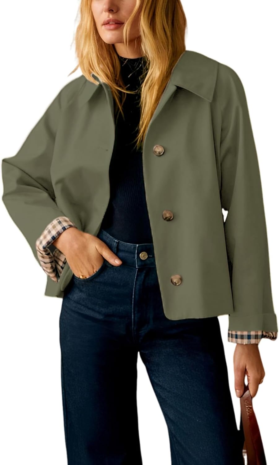 Yeokou Women Oversize Trench Coat Plaid Lining Lapel Button Down Casual Crop Jacket Outwear with Pockets