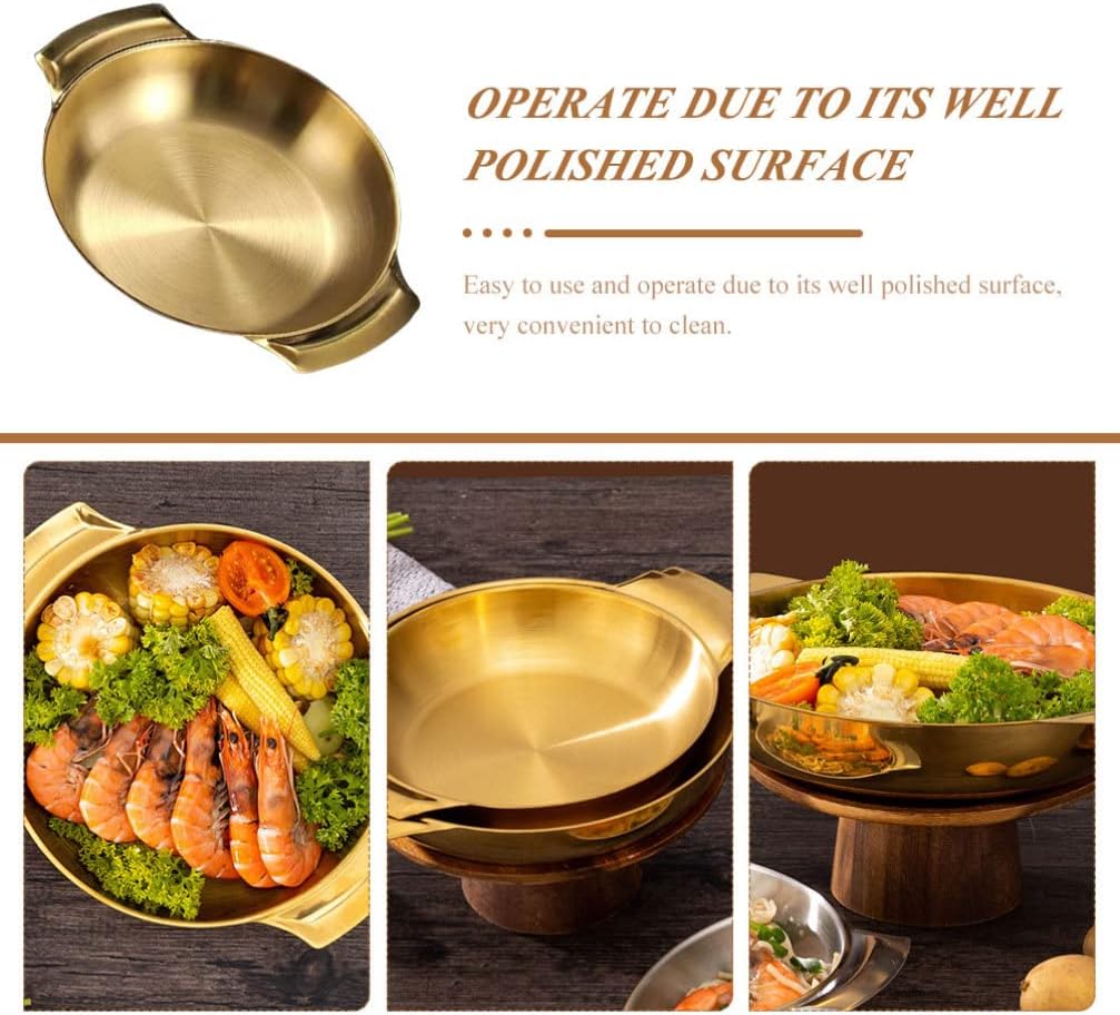 Large Mixing Bowl Paella Pan 16cm Flat Bottom Fry Pan Stainless Steel Skillet Metal Food Serving Tray with Handles for Home Restaurant Camping Silver Stainless Steel Cook,Golden