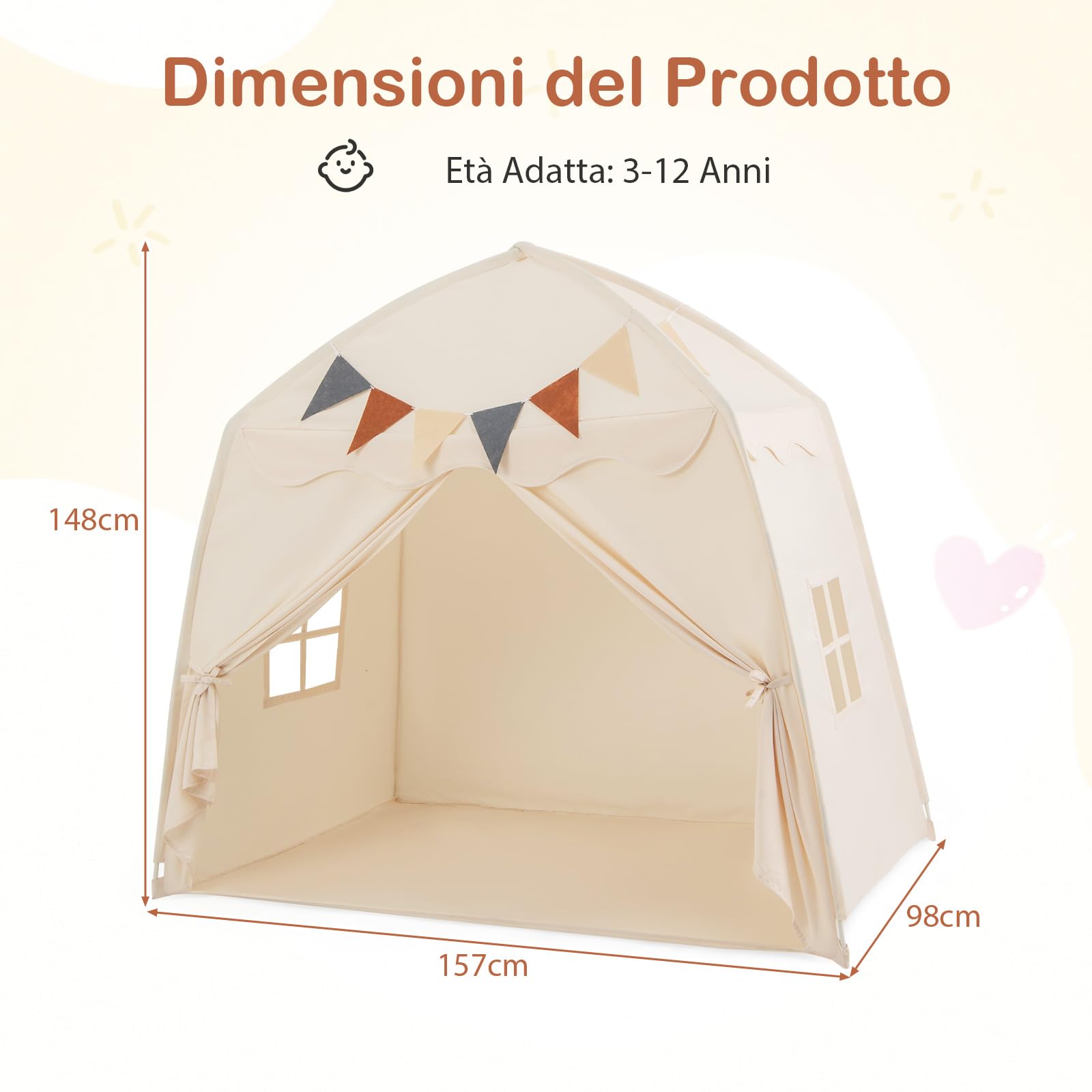 COSTWAY Tenda per Bambini con Luci Fatate, Casetta da Gioco Portatile 157x98x148 cm Beige