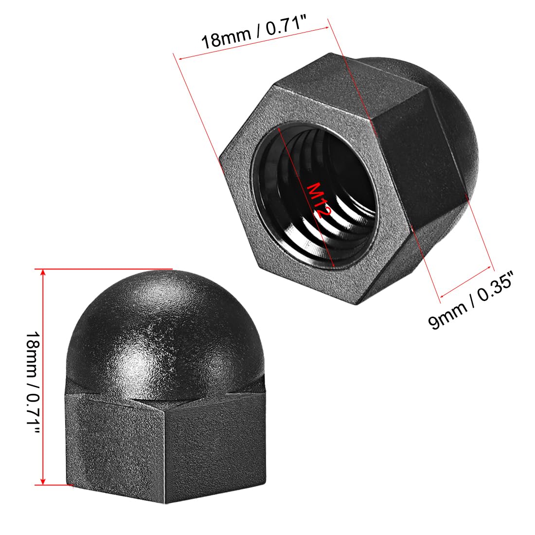 sourcing map M12 Écrou Borgne Hexagonal Gland Dôme Tête Clous pour Vis Boulons Nylon Noir 10 Pcs
