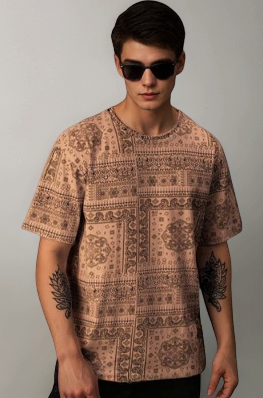 Pure Cotton Oversized Loose Baggy Fit Drop Shoulder Round Neck All Over Paisley Bandana Printed Half Sleeves T-Shirt for Men (Colors Available: White, Navy Blue & Beige)