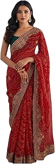 Yashika Women's Georgette Bandhej Zari Work Embroidered Saree | Women Sari Price In India