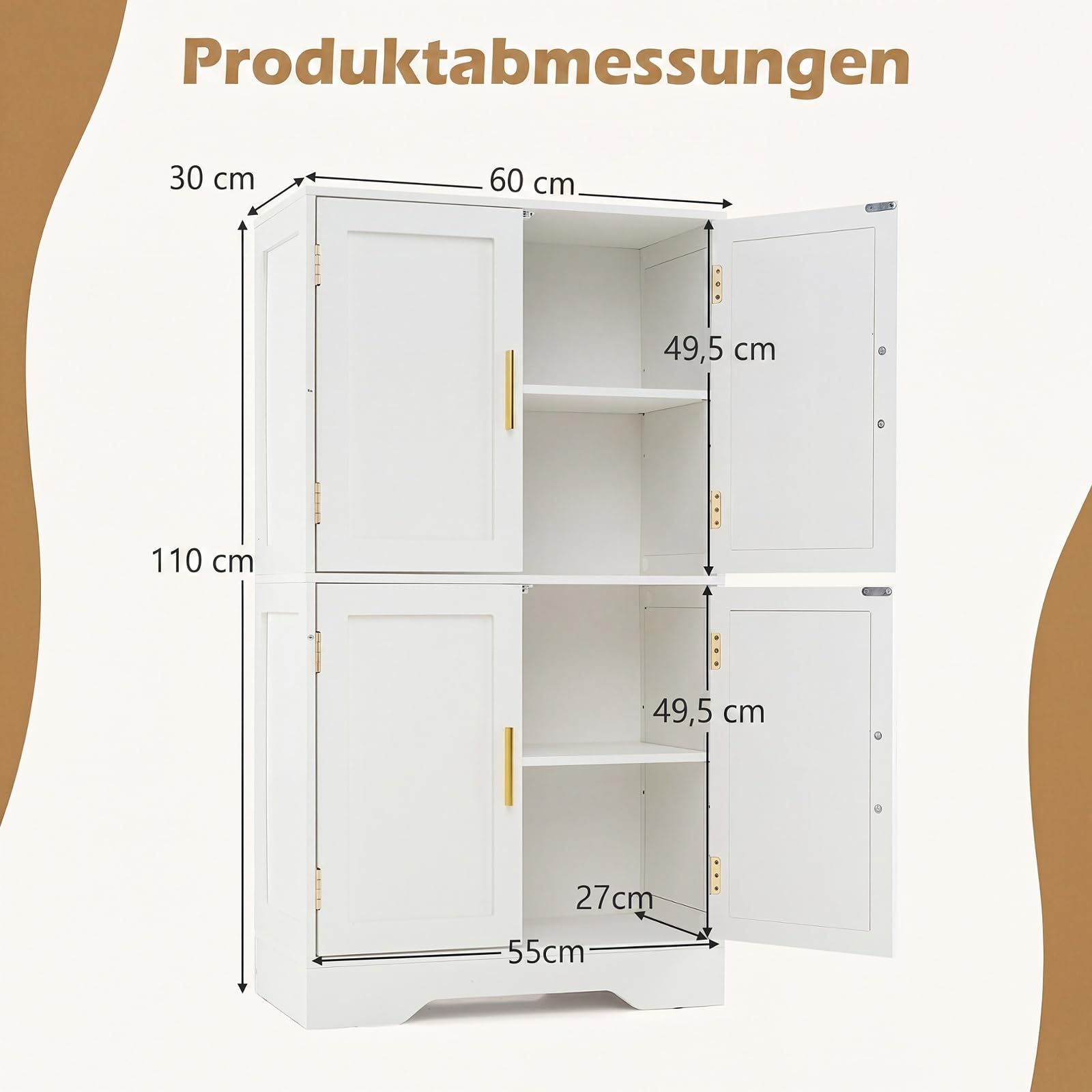 COSTWAY Küchenschrank aus Holz, Vorratsschrank Küche, Buffetschrank mit 4 Türen & 2 verstellbaren Regalen, Aufbewahrungsschrank freistehend für Wohnzimmer, Esszimmer, 60 x 30 x 110cm (Weiß)