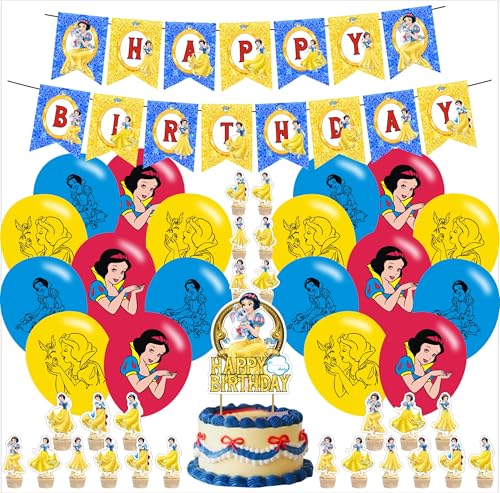 Image of Princess Snow Party Decorations,Birthday Party Supplies For Cartoon Snow Princess White Party Supplies Includes Banner - Cake Topper - 24 Cupcake Toppers - 18 Balloons
