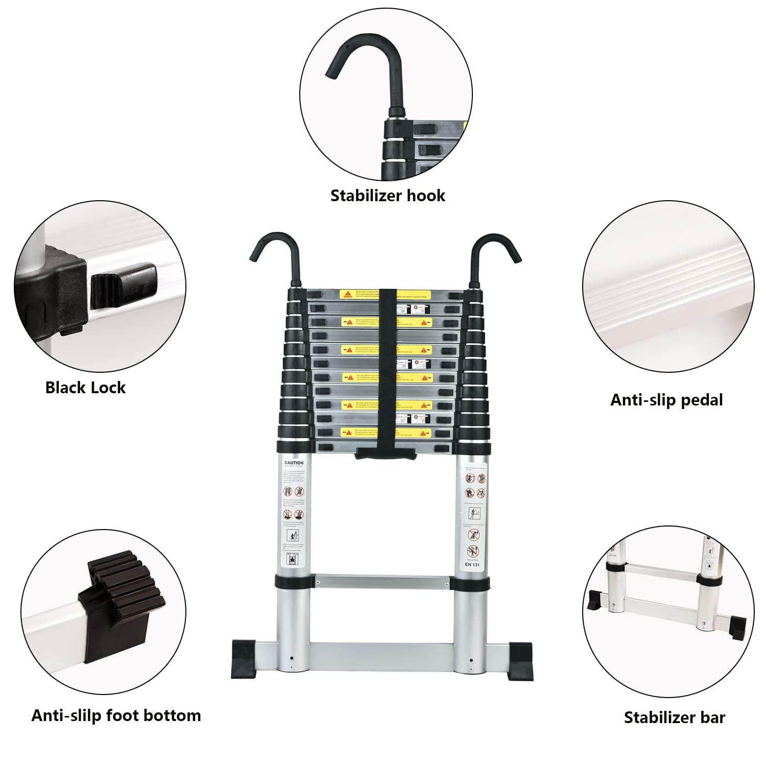 3,8M Teleskopleiter mit Stabilisator, Rutschfester Klappleiter Aluminium Ausziehleiter Mehrzweckleiter, 150 kg Belastbarkeit