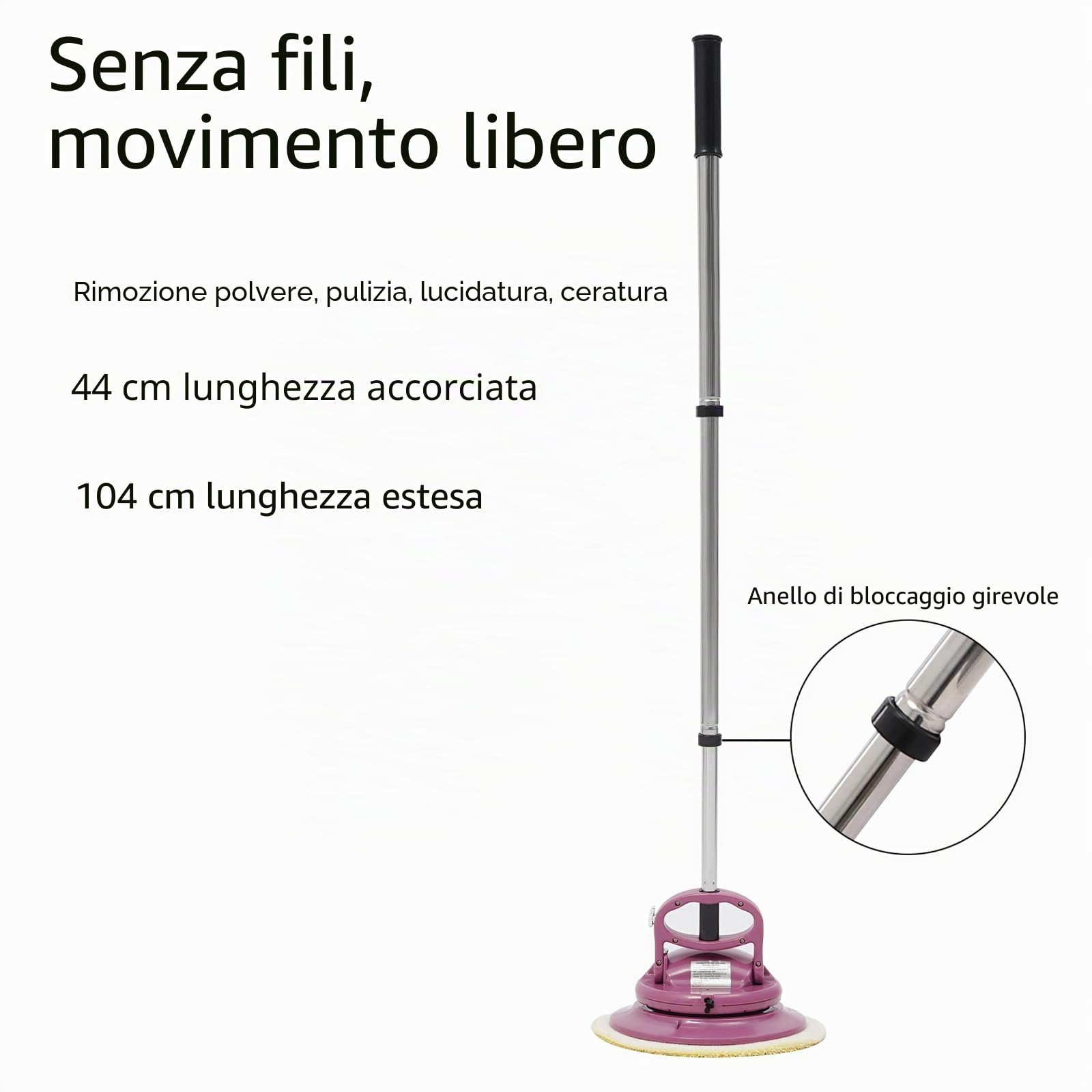 Mocio elettrico senza fili, 1800 mAh, spazzola elettrica per pavimenti, diametro 24 cm, manico retrattile, rotazione a 360 gradi, detergente per pavimenti e lucidatrice per cerare, pulire a secco