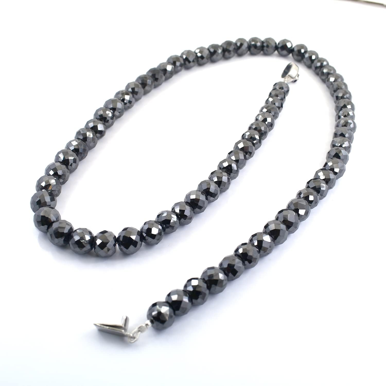 skyjewels 7mm-8mm Certified Rough Faceted Black Diamond Beads Necklace With 925 Sterling Silver, Beautiful Woman's Necklace, Great Sparkle(16 Inches Length)