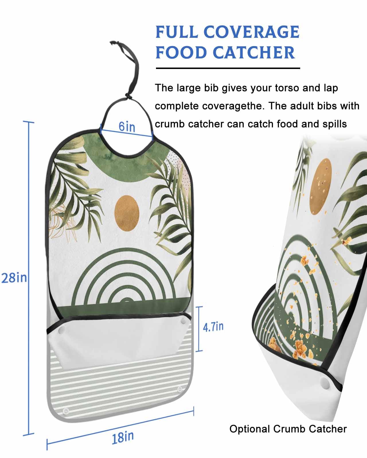 LEOKOTI Green Geometric Adult Bibs for Eating, Waterproof Bibs with Food Catcher & Adjustable Snap Closure, Modern Abstract Art Summer Botanical Washable Clothing Protectors Adult Bibs for Elderly