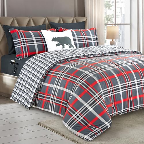 Image of Elegant Comfort 8-Piece Lodge Plaid Reversible Comforter Set - All Season Bed in a Bag, 4-Piece Sheet Set Featuring Smart Pockets, Matching Shams and Decorative Pillow, Full /Queen, Gray