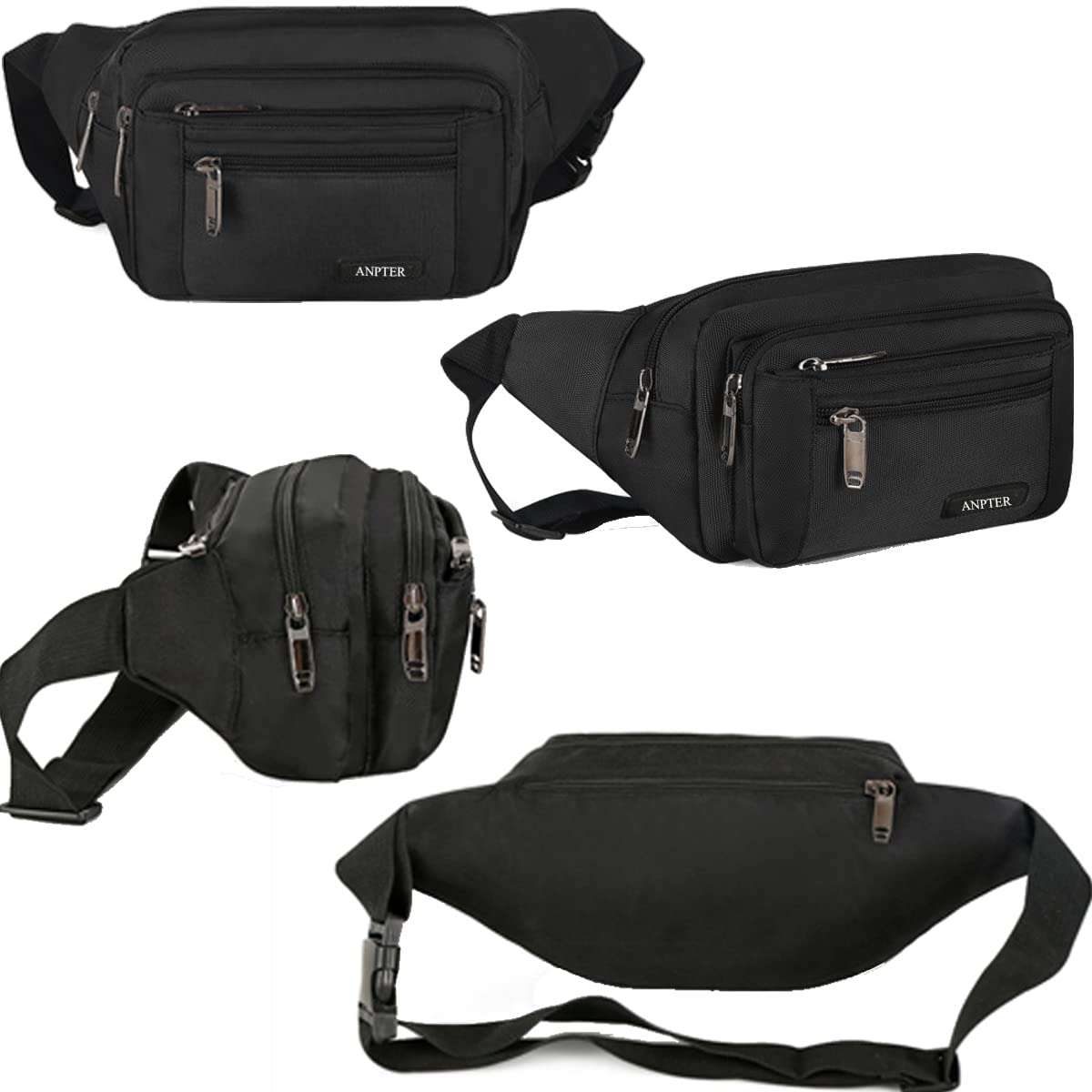 Riñoneras Mujer Hombre Multifuncional con 5 Bolsillos con Cremallera Riñonera Running Impermeable Ajustable Grande Capacidad para Senderismo Correr Compras Caminar Ciclismo(Negro) — view 3
