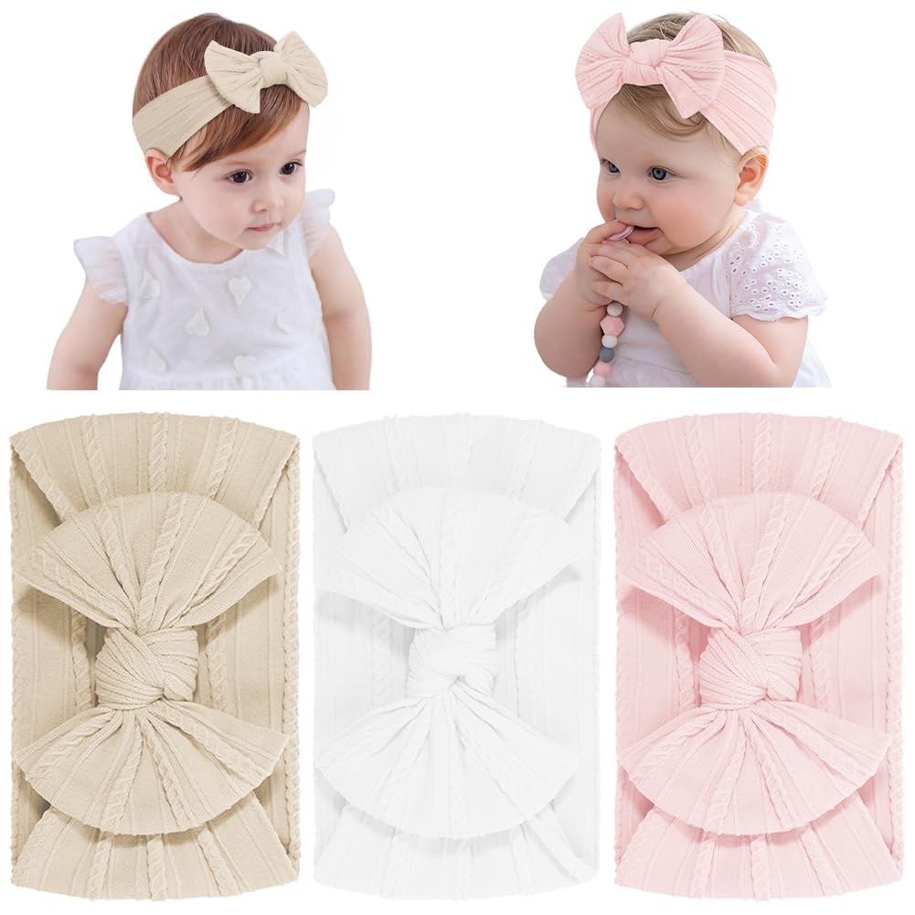 DiULi Diademas Bebé Niña 3 Colores Elástica Cintas Pelo Nylon Lactante Niño Pequeño Anchas Hairband Lazo Tela Conjunto 3pcs