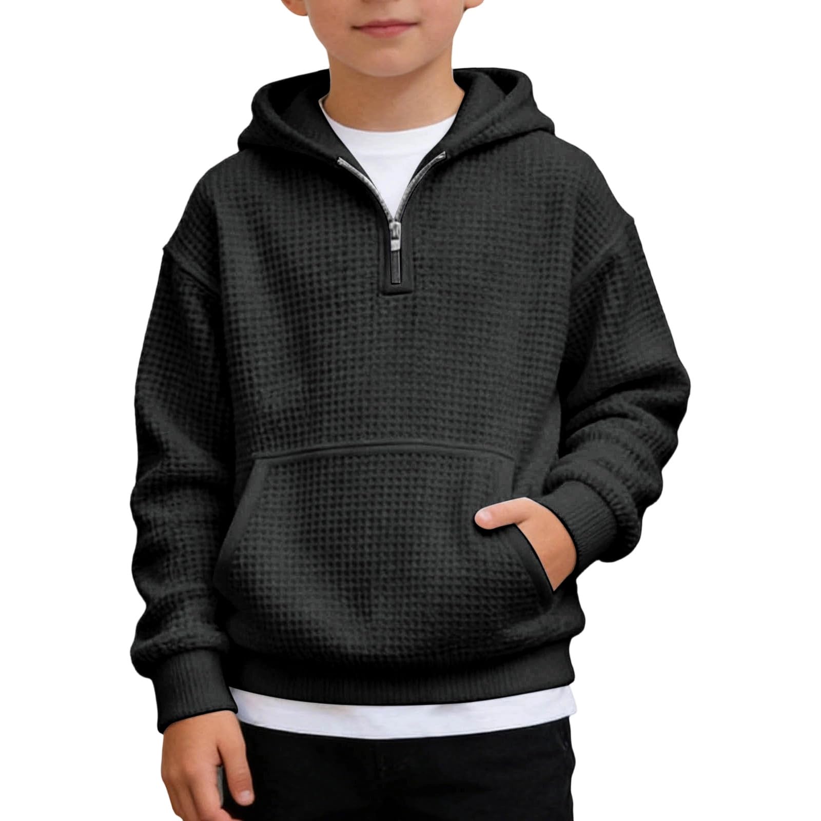 Sweat à capuche zippé demi-zip pour garçon en polaire douce avec poche