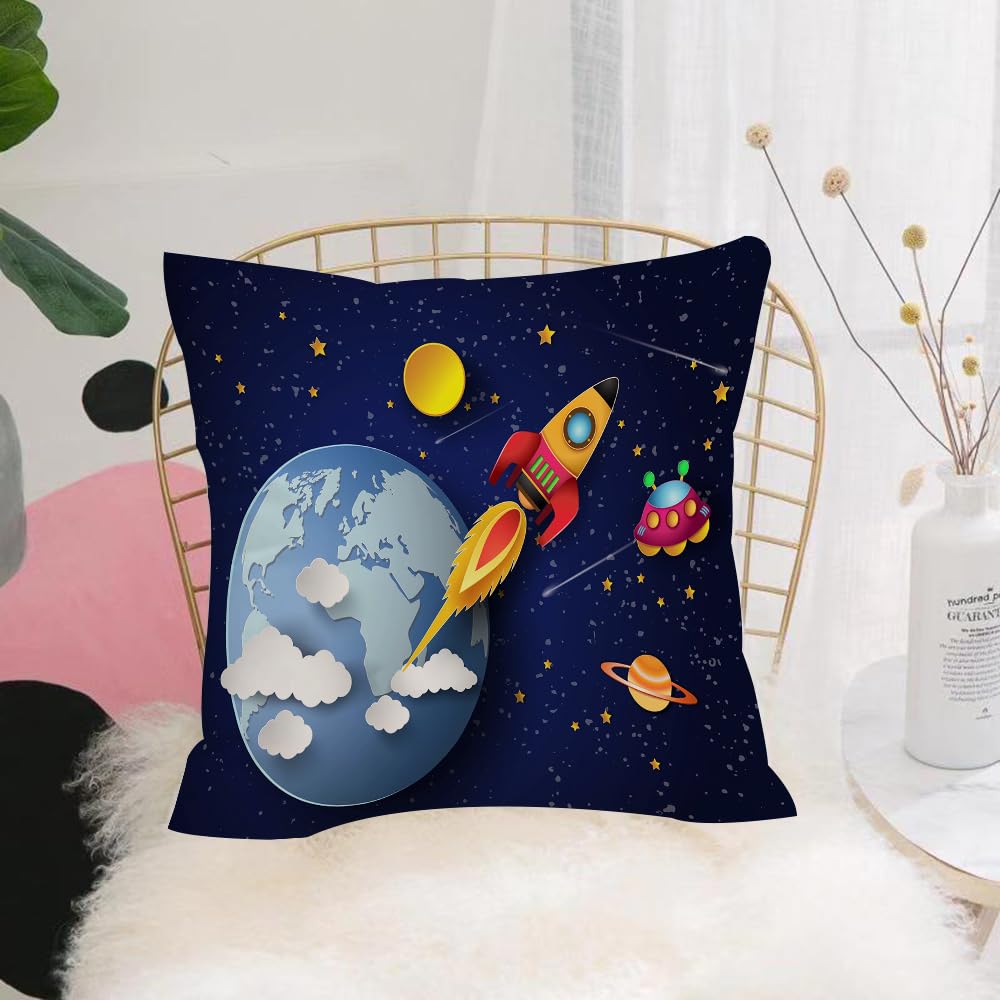 Hyosxw Boys Space, Rocket On Planetary System With Earth - A6 Cushion Cover,Throw Pillow Case Home Decorative For Living Room Bedroom Sofa Chair 18X18 Inch,Space, Rocket On Planetary System With Earth Stars Ufo Saturn Sun Galaxy P,Pillowcase 45X45cm