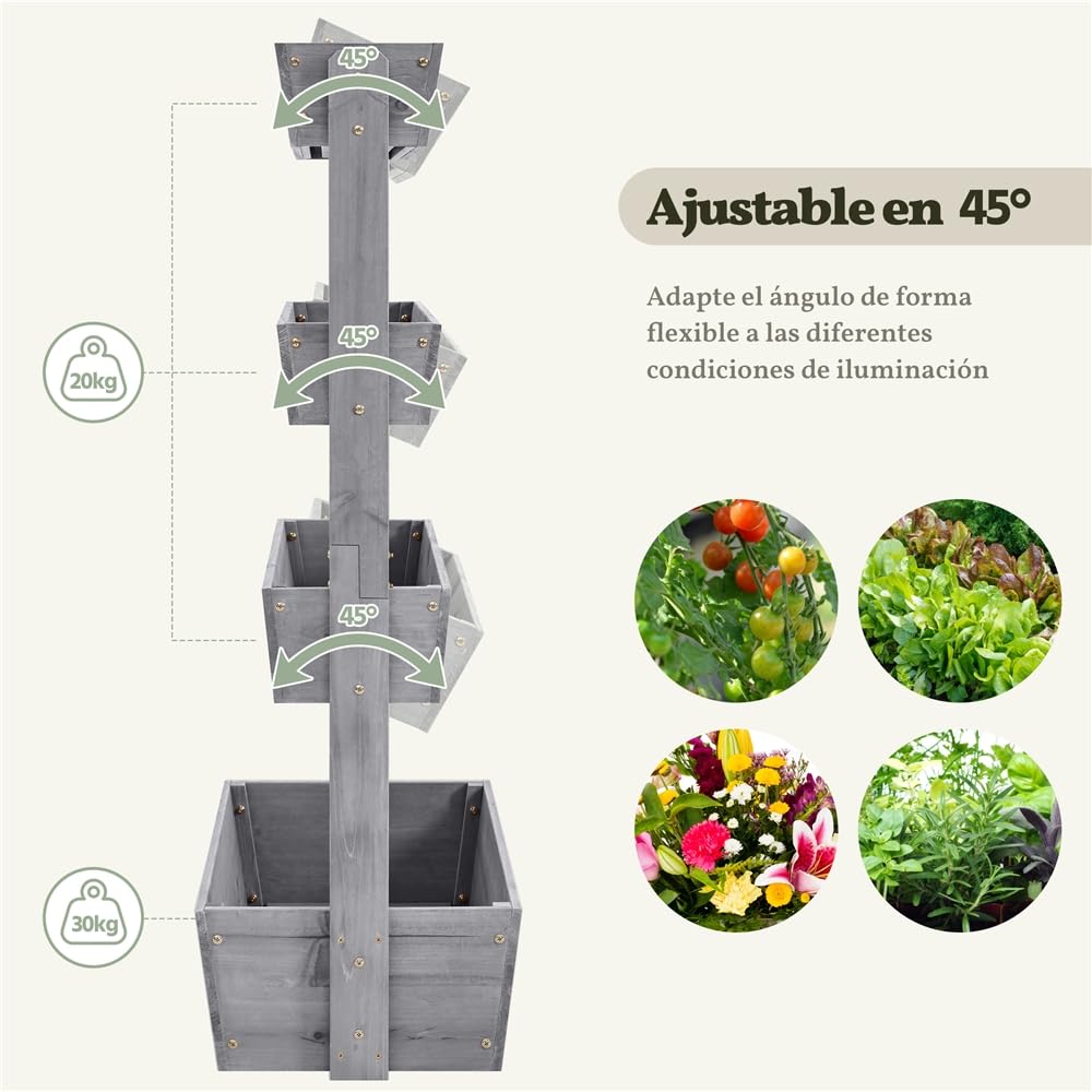 Yaheetech Vertikal Hochbeet mit 4 Etagen, 84,5×45×140,5 cm Pflanzbeet mit Entwässerungslöcher & Pflanzvlies, Tannenholz Wetterfest, Frühbeet Gartenbeet Kräutertreppe für Garten Balkon, Grau