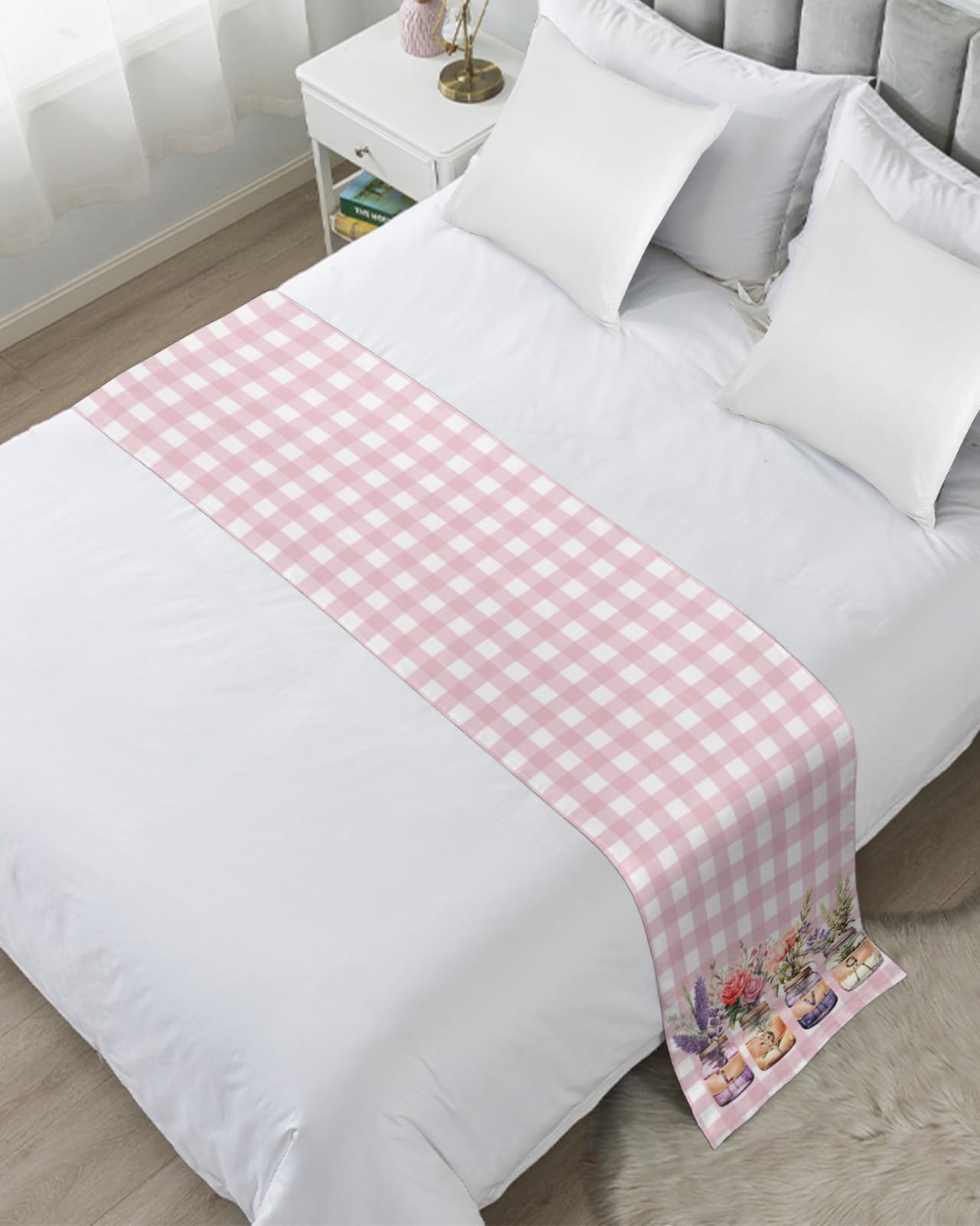 Bed Runner Scarf Valentines Watercolor Roses with Lavender Red Plaid Bedding Scarf Decorative Bed Runners Cover for Home