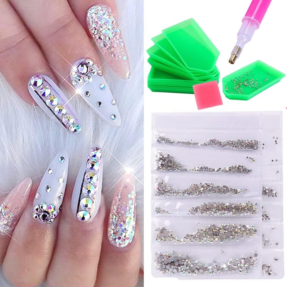 1440Pcs Ab White Nail Rhinestones Set Flat Back Design Nail Strass Crystal Stones 3D Nail Art Decoration Tools La880