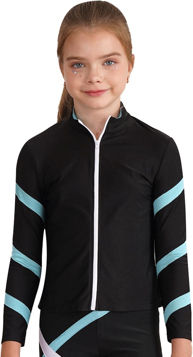 Yhong Kids Girls Contrast Color Stripe Long Sleeve Zipper Shirts Sweatshirt Stand Collar Yoga Workout Running Sport Tops