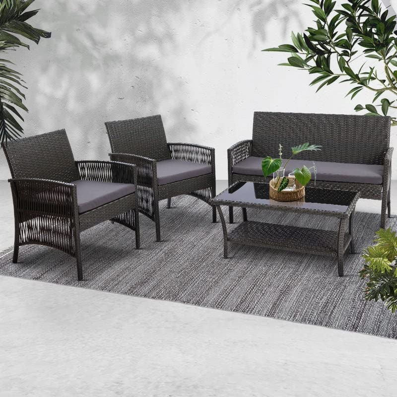 DEVOKO 4 Pieces Outdoor Patio Bistro Set, Wicker Patio Furniture Sets with Patio Table and Chairs for Garden, Backyard, Balcony, Porch (Dark Brown and Grey)