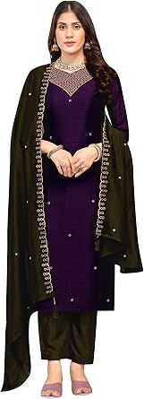 ladyline Womens Chinon Silk Embroidered Salwar Kameez Set - Elegant Copper Gold Embroidery Indian Party Wear Ethnic Dress