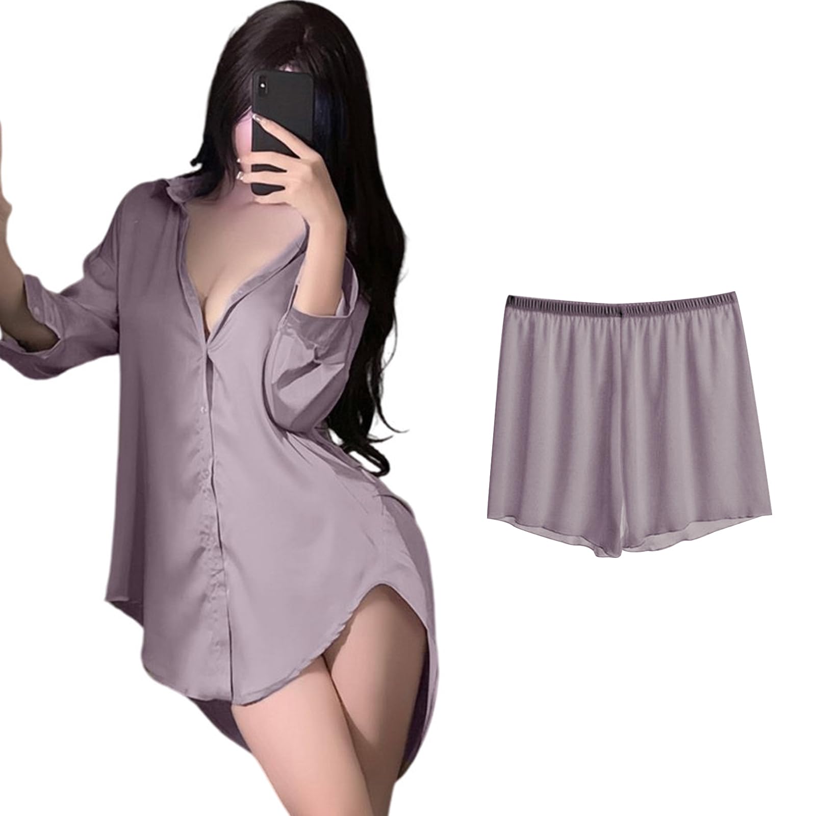 Women's Long Sleeve Satin Sleep Shirt with Shorts Button Down Nightgown Silk Nightshirt Pajama Top Boyfriend Sleepwear-image-8
