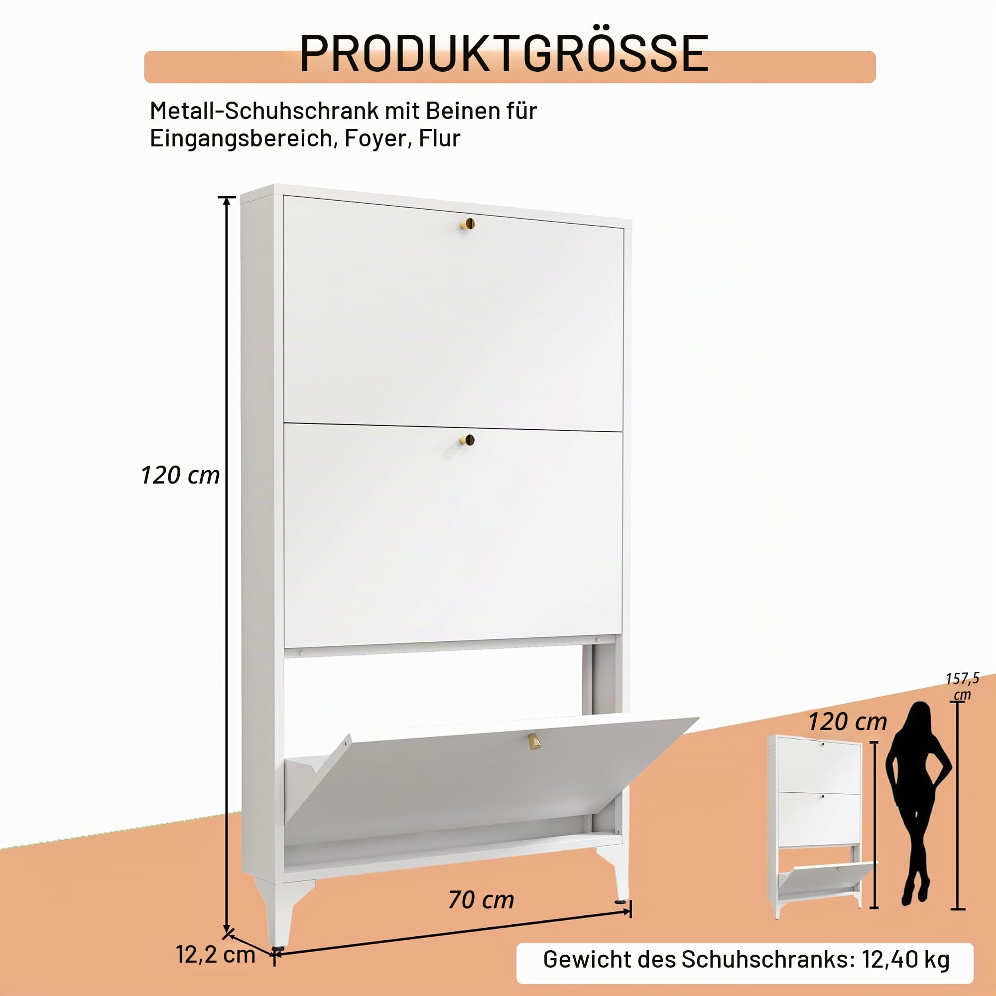 Schuhschrank mit 3 Klappschubladen, schmaler Schuhaufbewahrungsschrank, Bauernhaus-Schuh-Organizer, freistehender Organizer mit Metallbeinen für Eingang, Foyer, Flur, Weiß