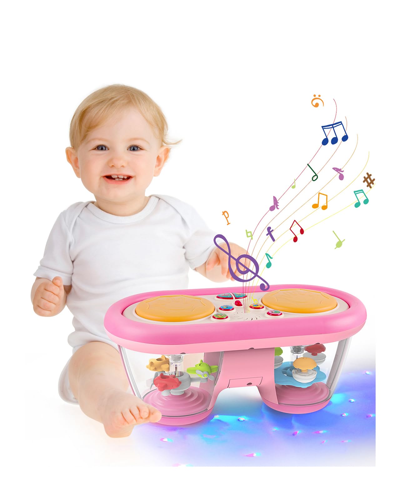 Jhoprcin Baby Toys for 6 to 12 Months: 7 Models Pink Rotating Light Up Drum Musical Instruments for 12-18 Months Kids, Tummy Time Toys for Baby 0-3-6-